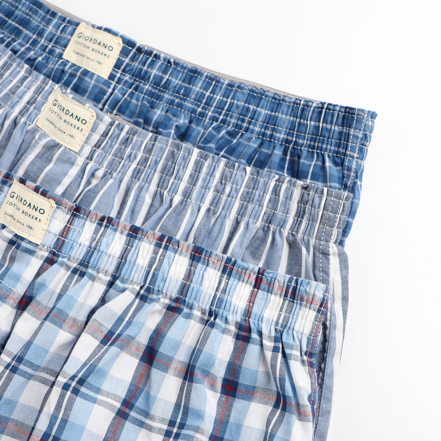 男裝純棉寬鬆平底四角褲_藍色條紋x藍色格紋