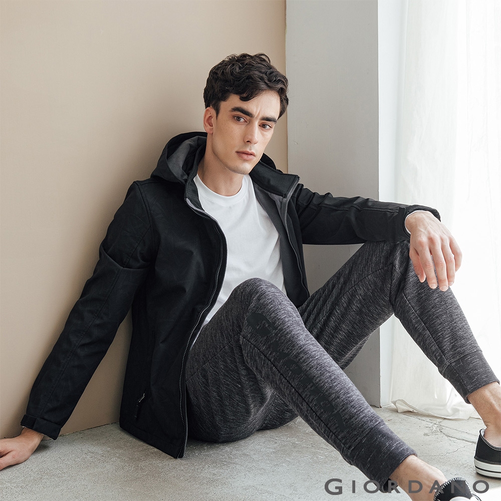 男裝Softshell三合一高機能高領可拆式連帽外套-96 黑灰圖騰