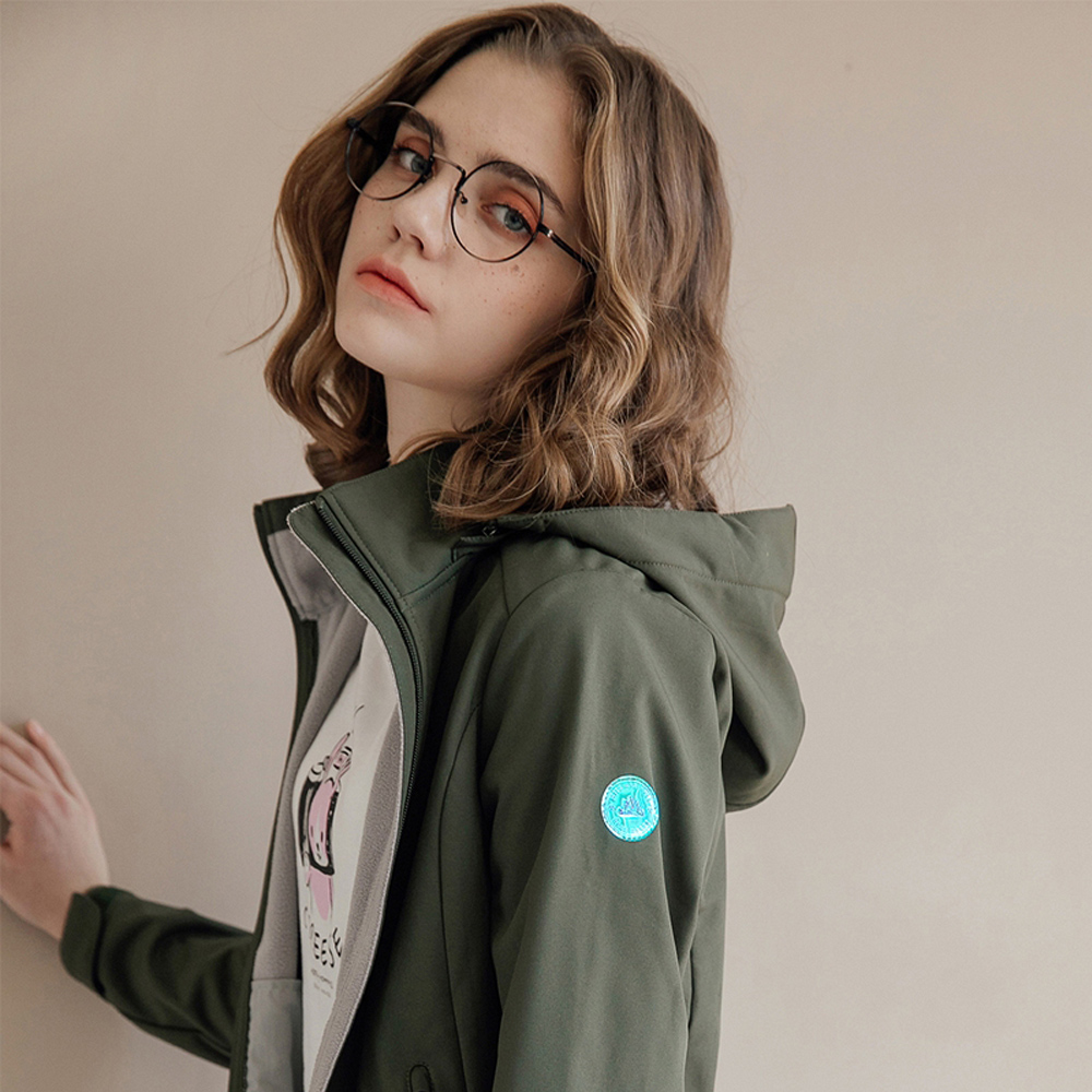 女裝Softshell 三合一高機能炫彩刺繡連帽外套-60 深淵綠